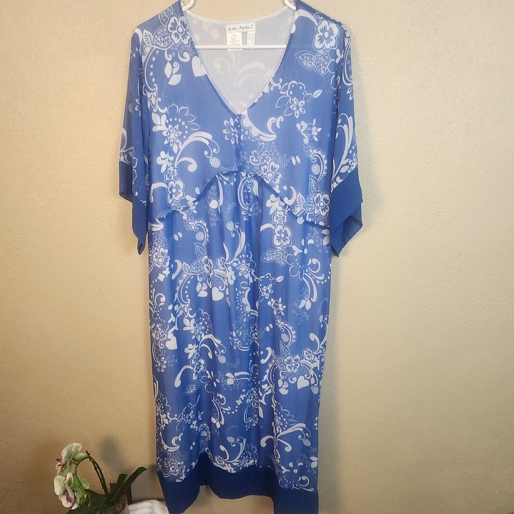 Ulla Popken Blue and White Abstract Floral Maxi Dress 12/14 (5658)